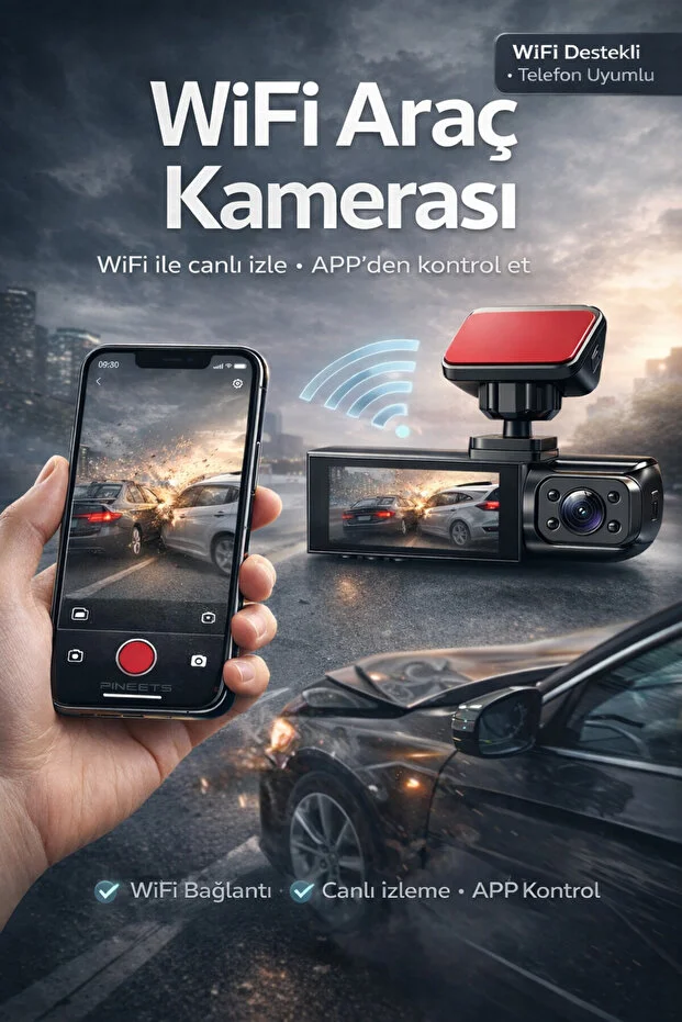 Wifi 1080p Araç İçi Çift Kameralı Lcd Ekranlı Gece Görüşlü G-sensör Geri Görüş Kamera